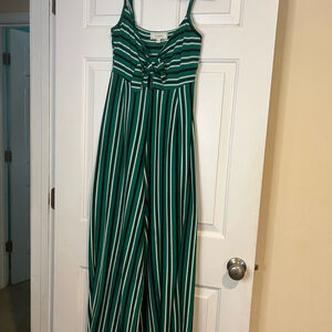 No Comment Wide Leg Green Striped Jumpsuit Adjustable Straps